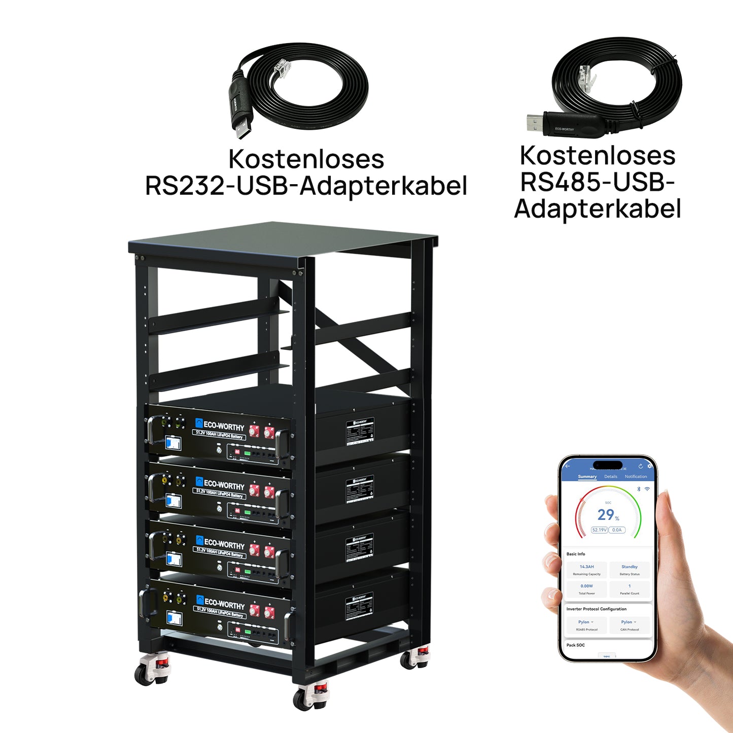48V (51,2V) 100Ah Server-Rack-Batterie, 5,12kWh Lithium-Batterie, 3U-Größe, mit Bluetooth und WLAN, ≥6.000 Zyklen