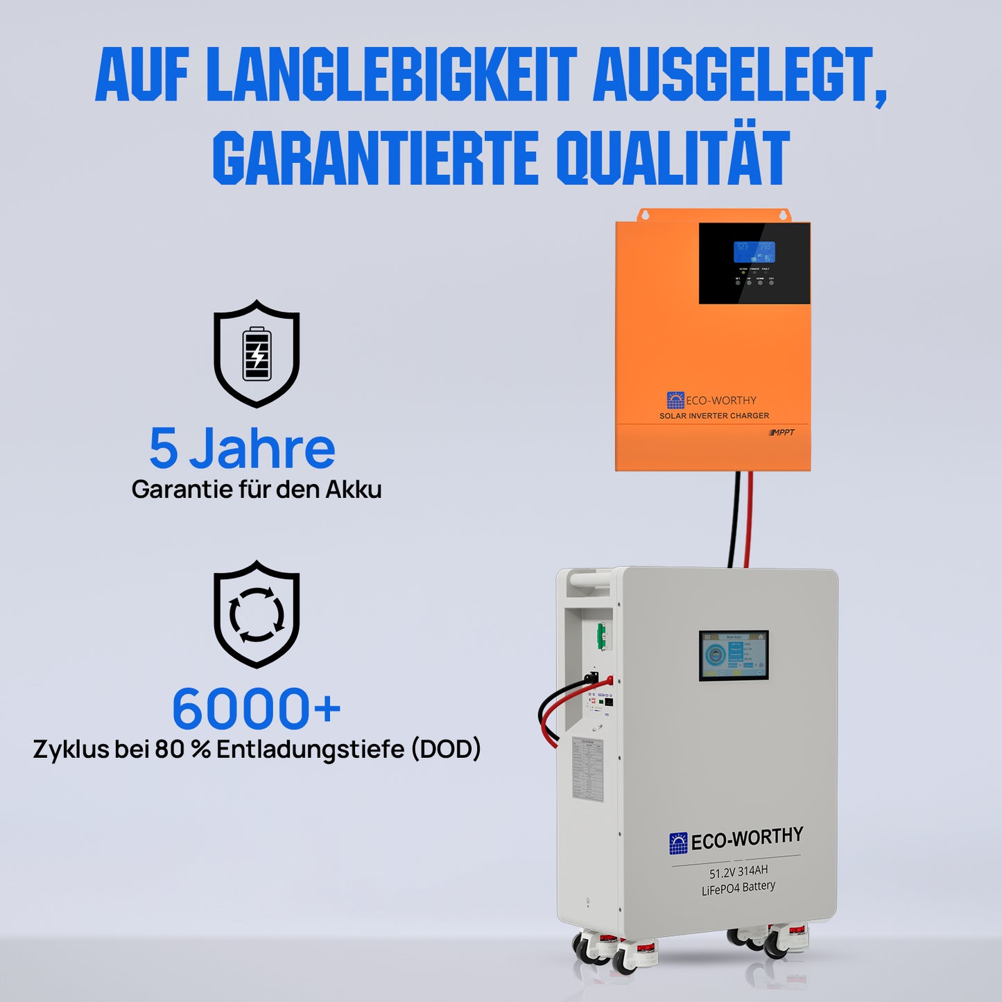 ECO-WORTHY 48V (51,2V) 314Ah LiFePO4-Batterie und 5000W 48V All-In-One Kombigeräte Solar Wechselrichter