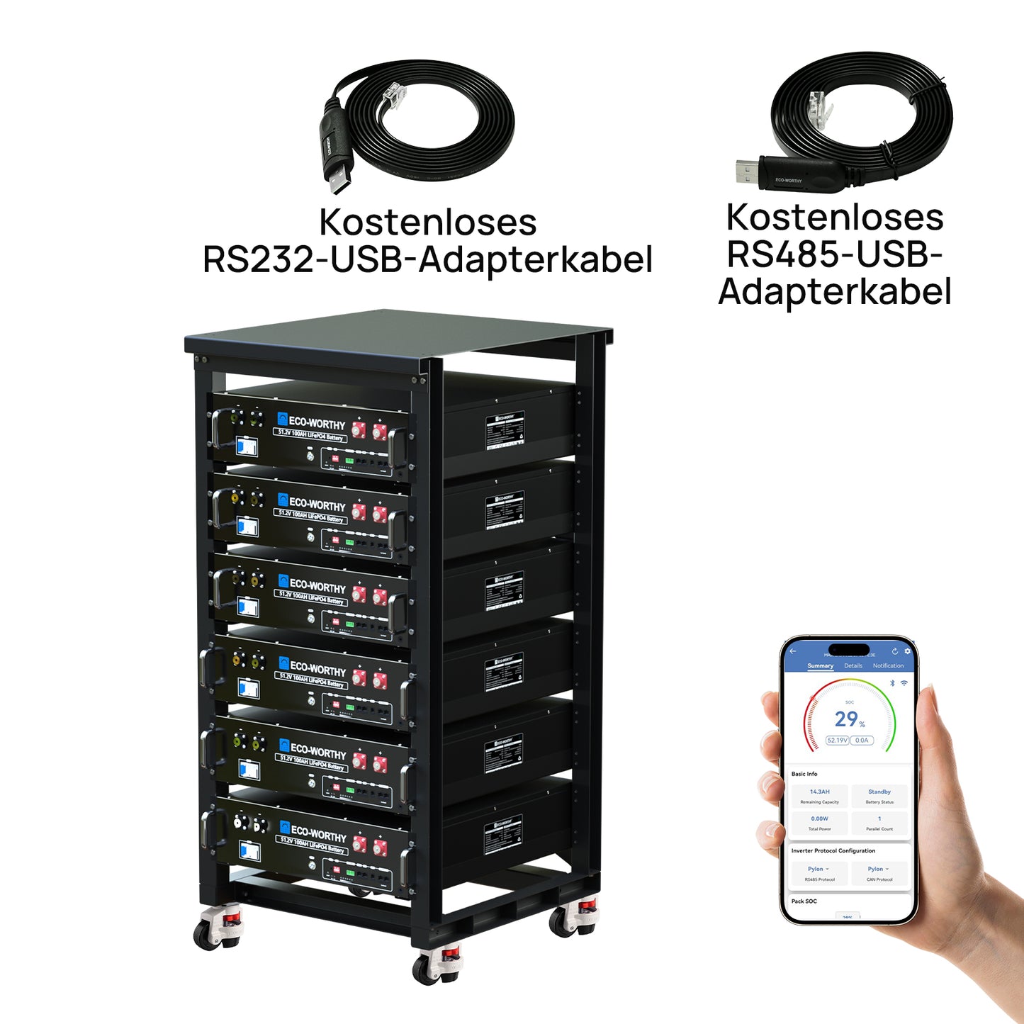 48V (51,2V) 100Ah Server-Rack-Batterie, 5,12kWh Lithium-Batterie, 3U-Größe, mit Bluetooth und WLAN, ≥6.000 Zyklen