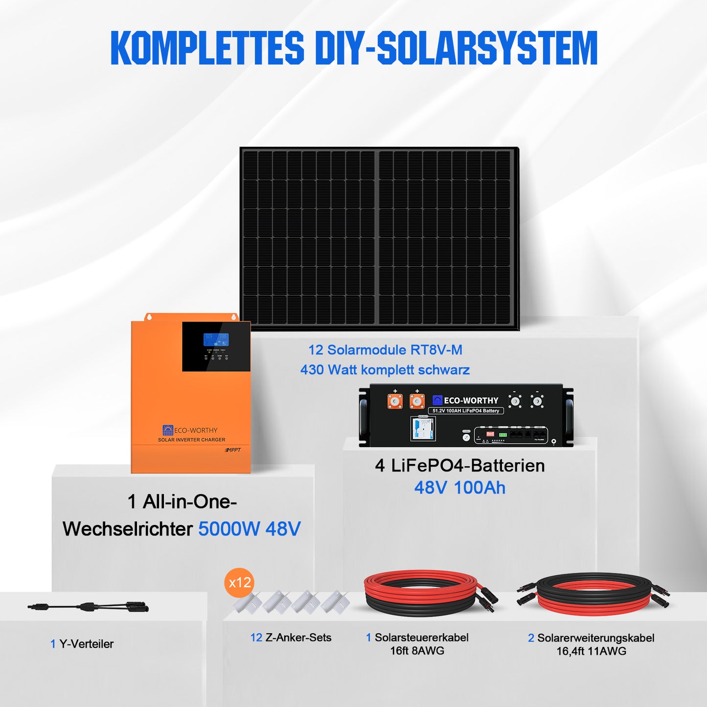 48V 5160W (12 x 430W) Komplettes MPPT-Off-Grid-Solarkit mit 48V (51,2V) 100Ah Server-Rack-Batterie, 430W komplett Schwarzes Monokristallines Solarmodul, 48V 5000W All-in-One Solar-Wechselrichter