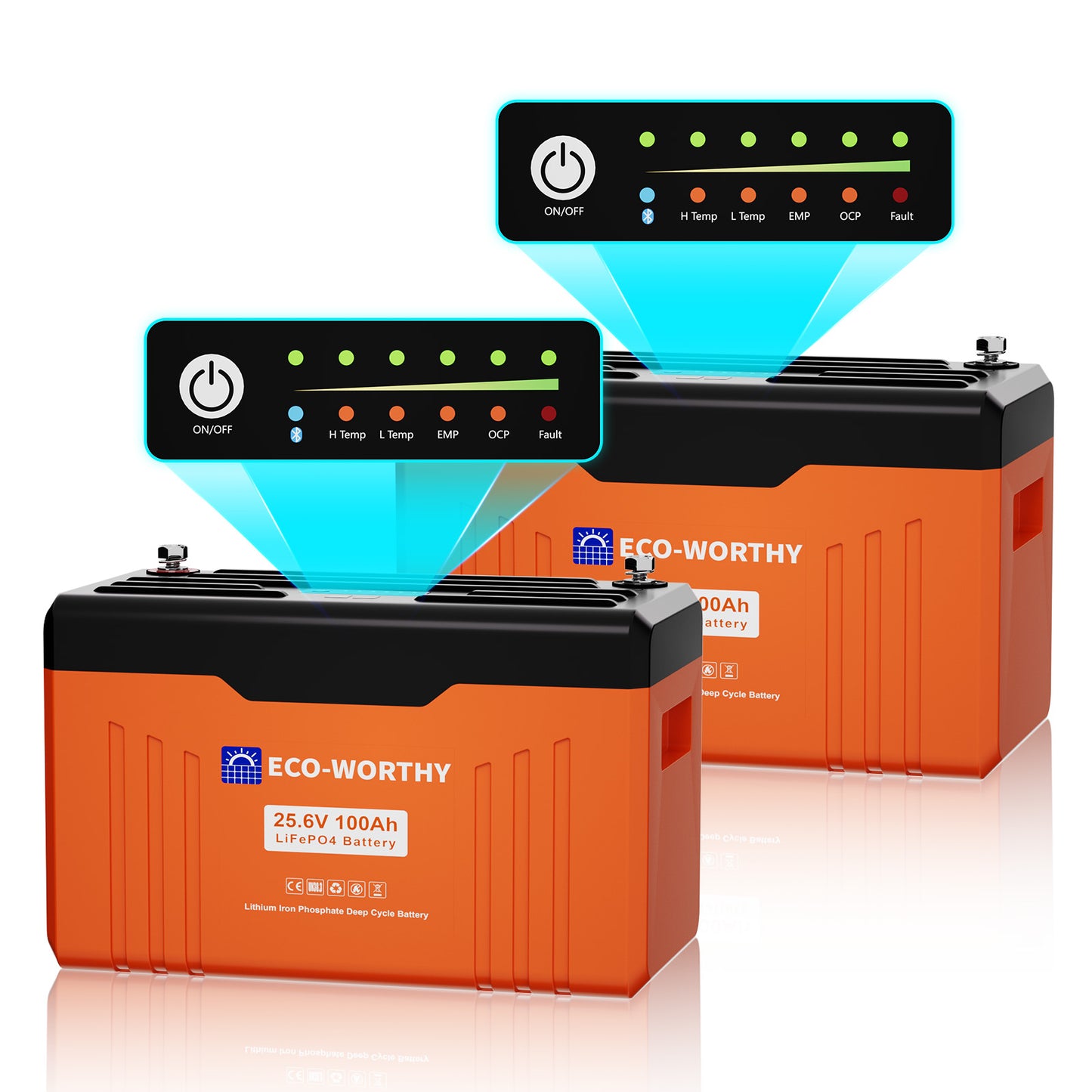 Eco-Worthy EnergyTrek-Serie 24V 100Ah LiFePO4 Lithium Batterie—Bluetooth und Untertemperaturschutz—LED-Statusleuchte