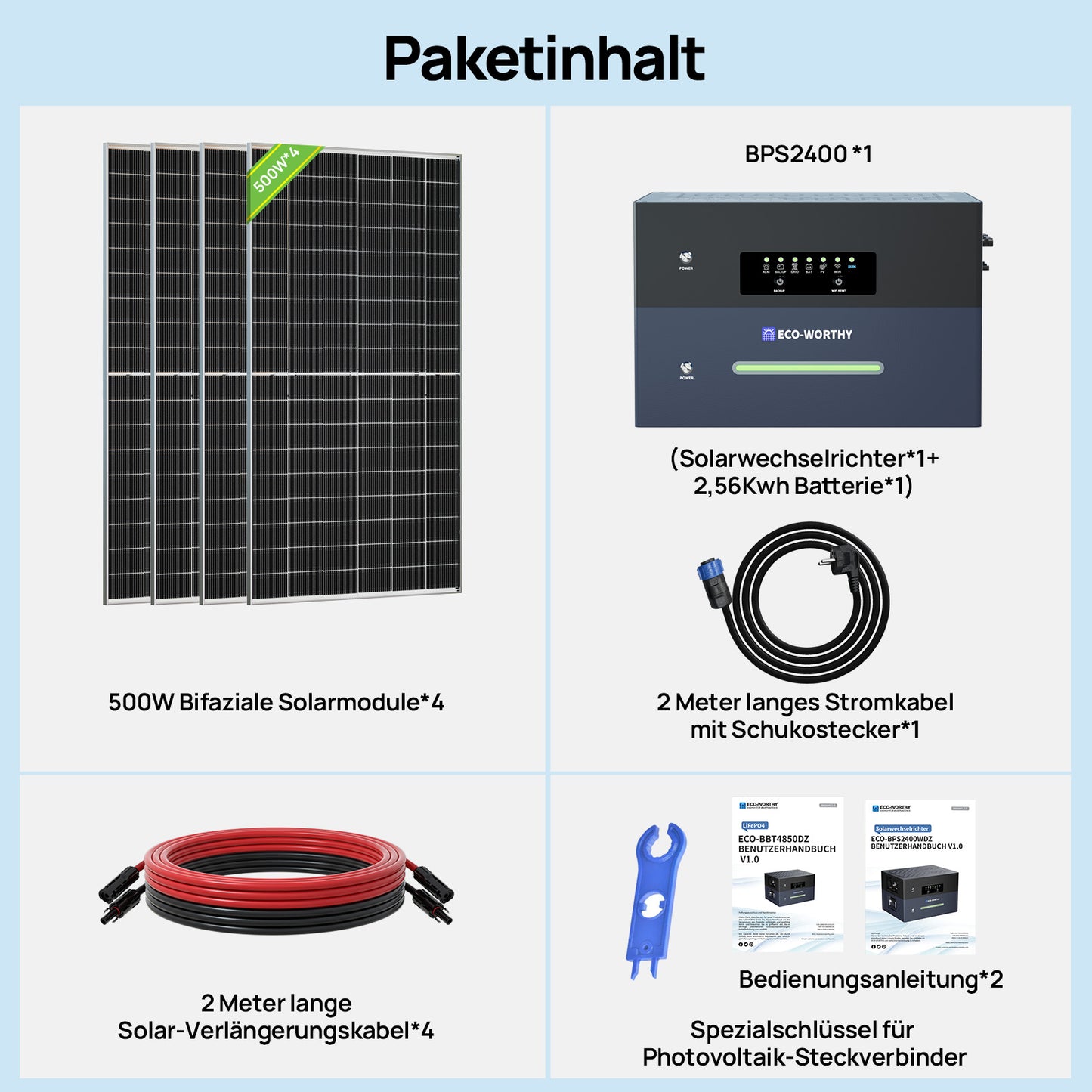 Eco-Worthy ECOVIS 2560Wh Balkonkraftwerk Energiespeicher 4 x 500W Bifaziale Solarmodule—Plug & Play für Balkone und Gärten