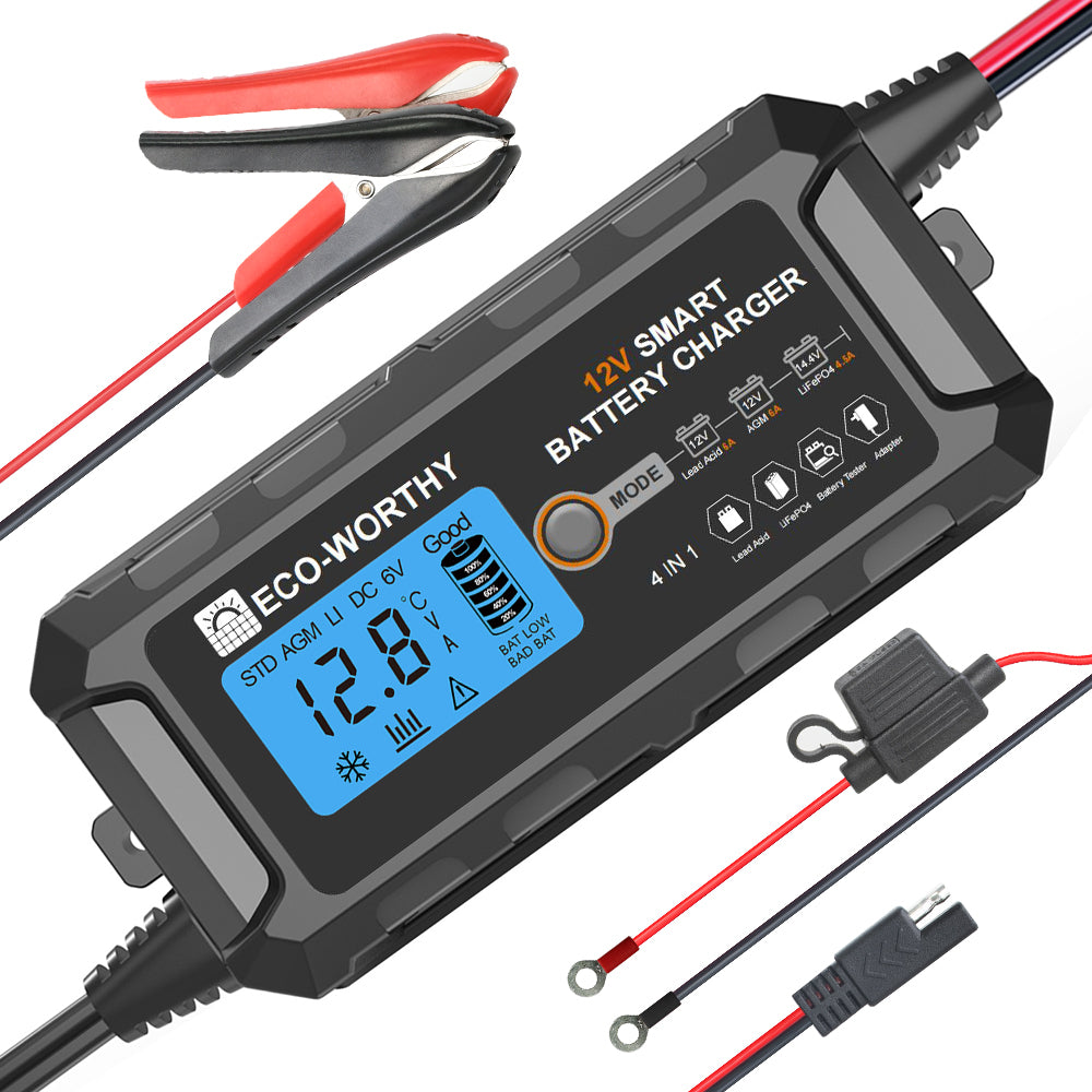 12V ECO-WORTHY Smart Batterie-Ladegerät mit LCD-Display und Anschlussklemmen.