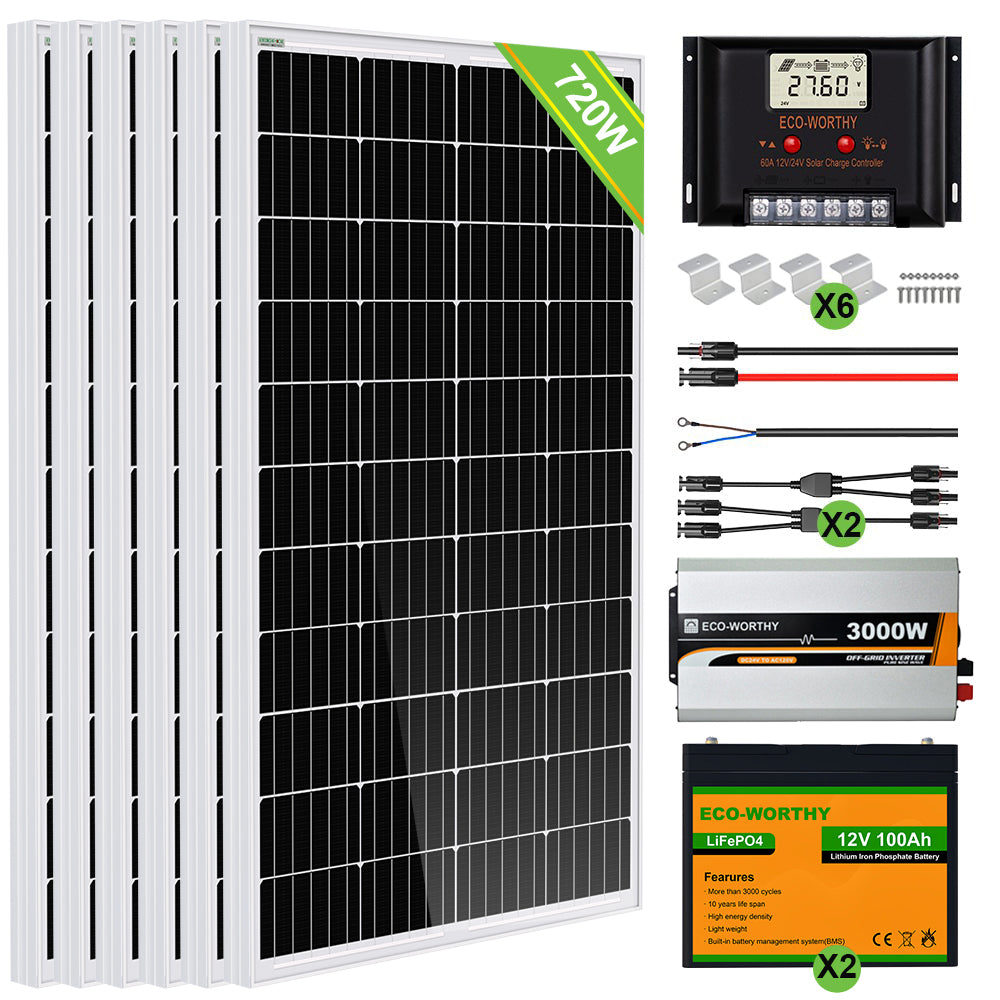 720Wp 24V (6x120Wp) Komplettset Solaranlage mit 2,4kWh Lithium