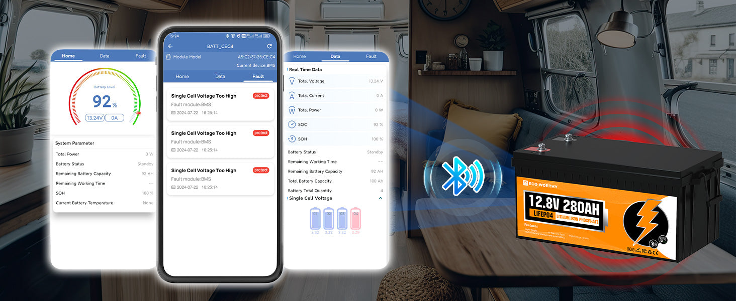  Smartphone displaying battery monitoring app next to a battery, with Bluetooth signal illustration.