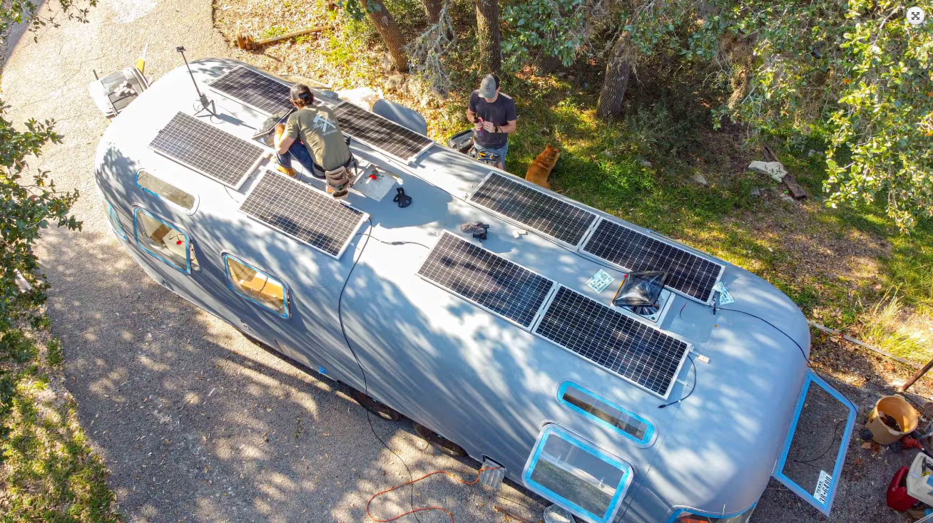 An RV with solar panels, from above.