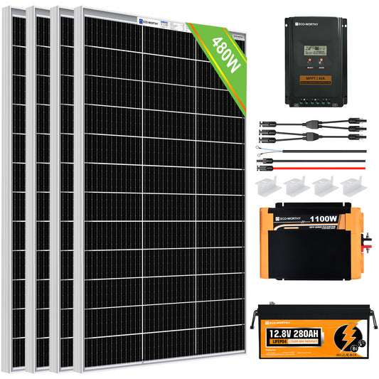 480Wp 12V (4x120Wp) Komplettset MPPT Solaranlage mit 1,2kWh Lithium Speicher+1,1kW Wechselrichter