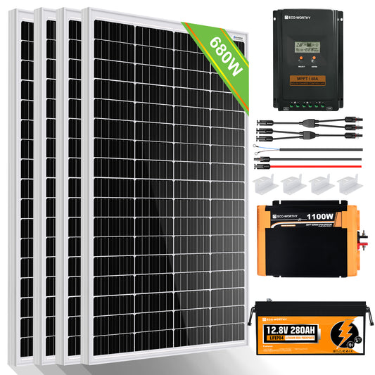 680Wp 12V (4x170Wp) Komplettset MPPT Solaranlage mit 2,4kWh Lithium Speicher+2kW Wechselrichter
