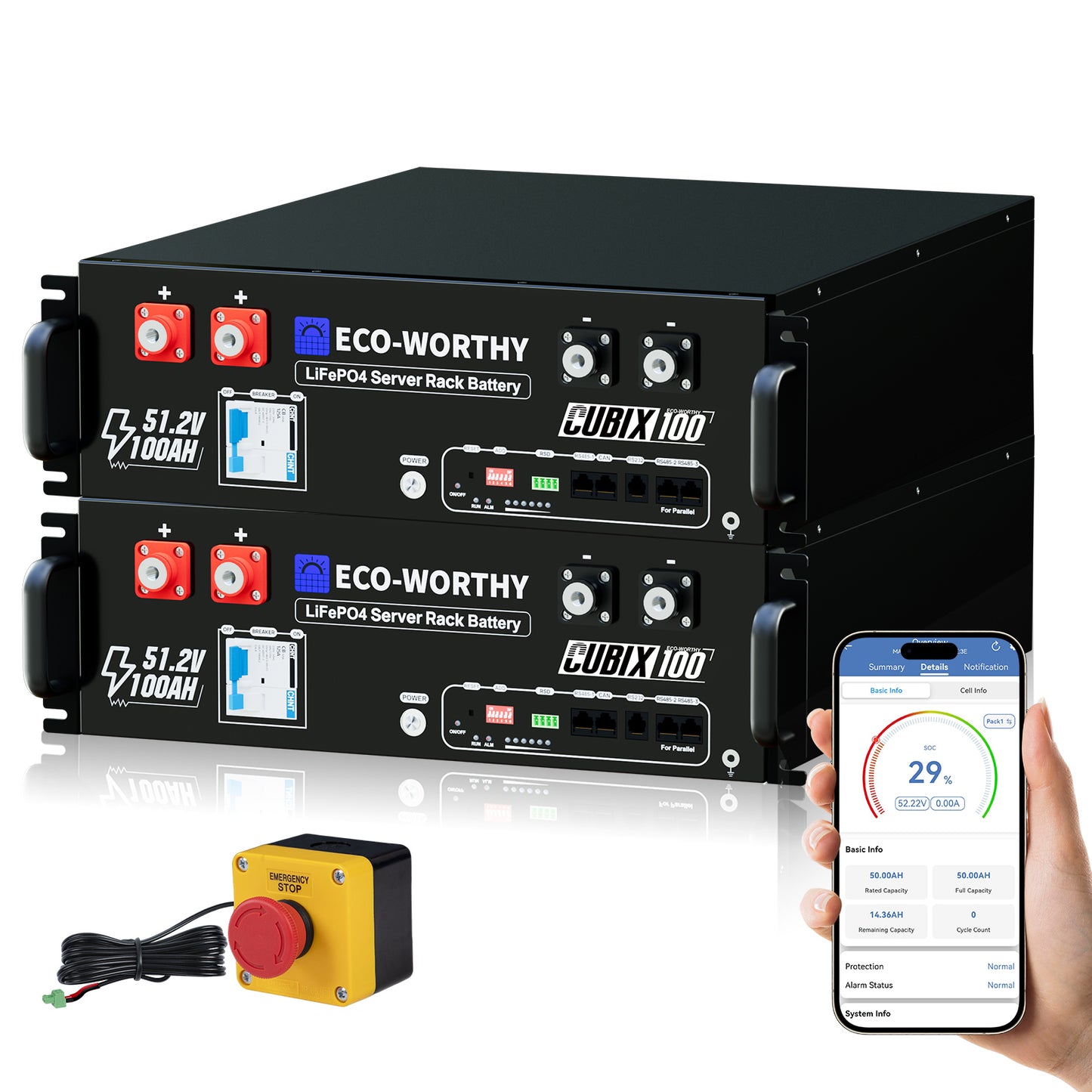 Eco-Worthy 48V 100Ah Server Rack Batterie—Bluetooth und WLAN—IEC 61000—10 Jahre Garantie