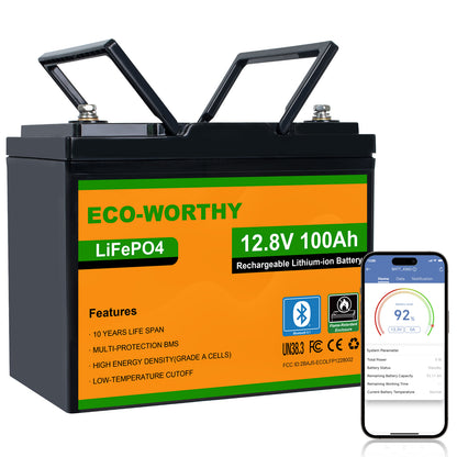 ECO-WORTHY 12V 100Ah LiFePO4 Lithium batterie mit Bluetooth und Untertemperaturschutz