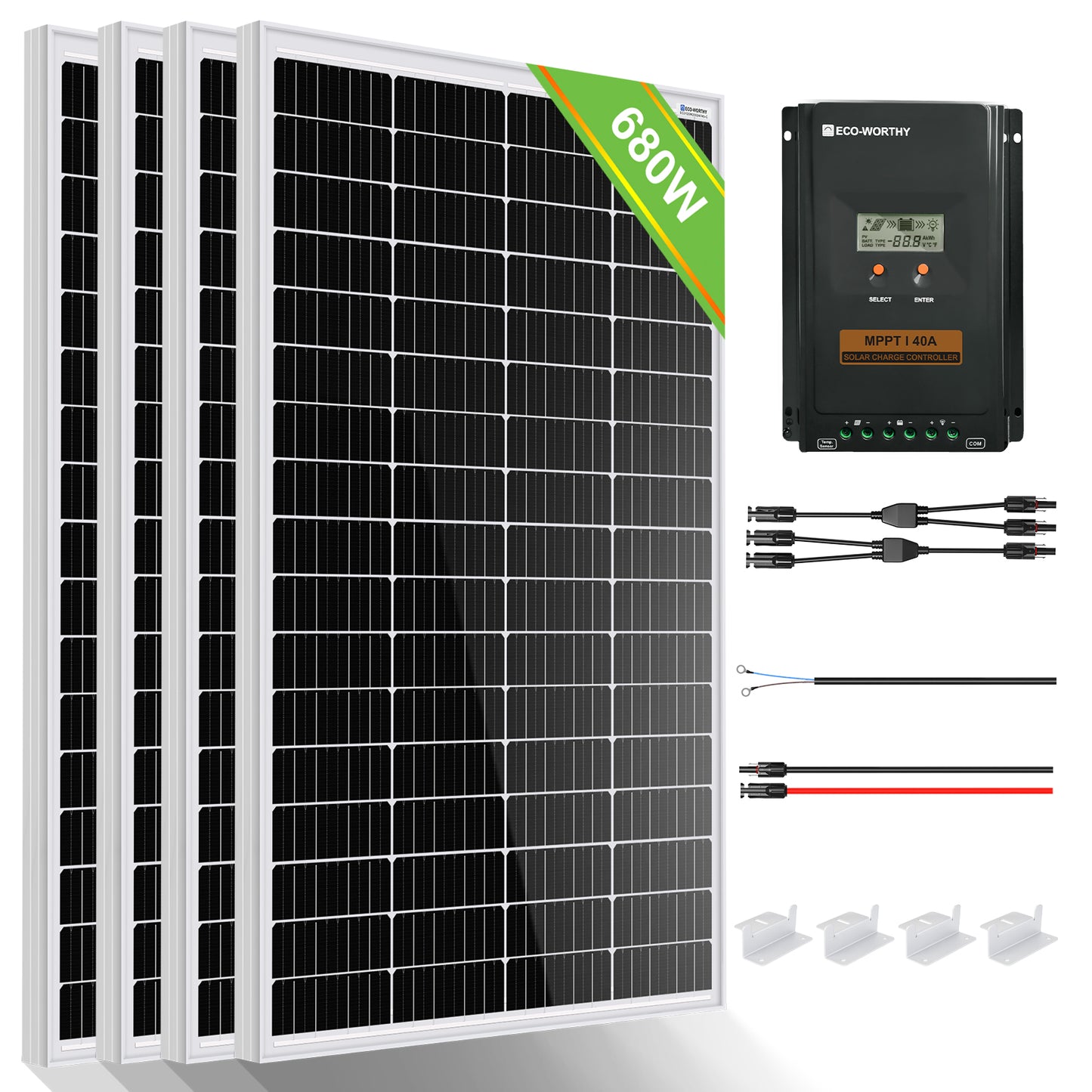 680Wp 12V (4x170Wp) Komplettset MPPT Solaranlage mit 2,4kWh Lithium Speicher+2kW Wechselrichter
