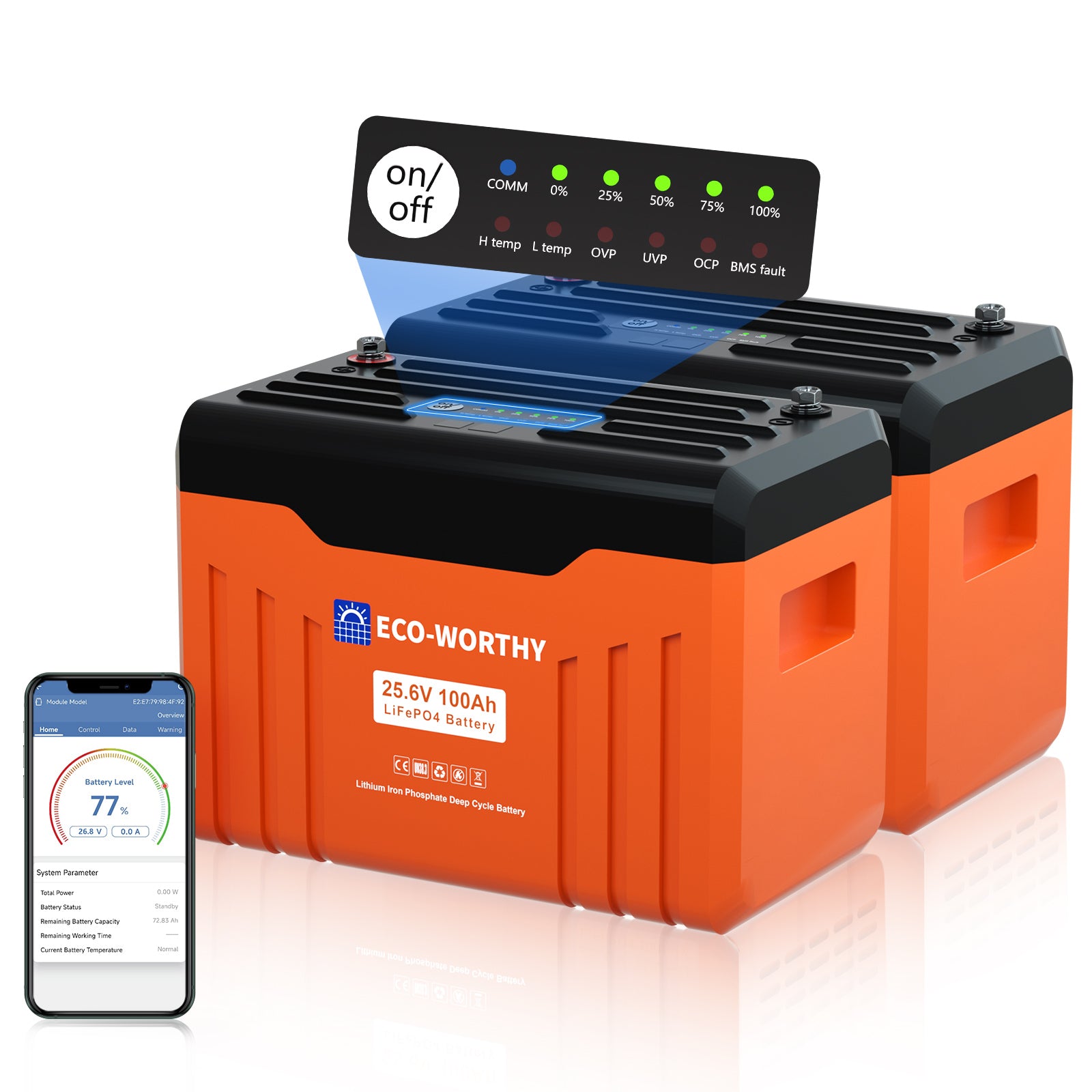 24V 100Ah LiFePO4 Lithium Batterie mit Bluetooth und Untertemperaturschutz