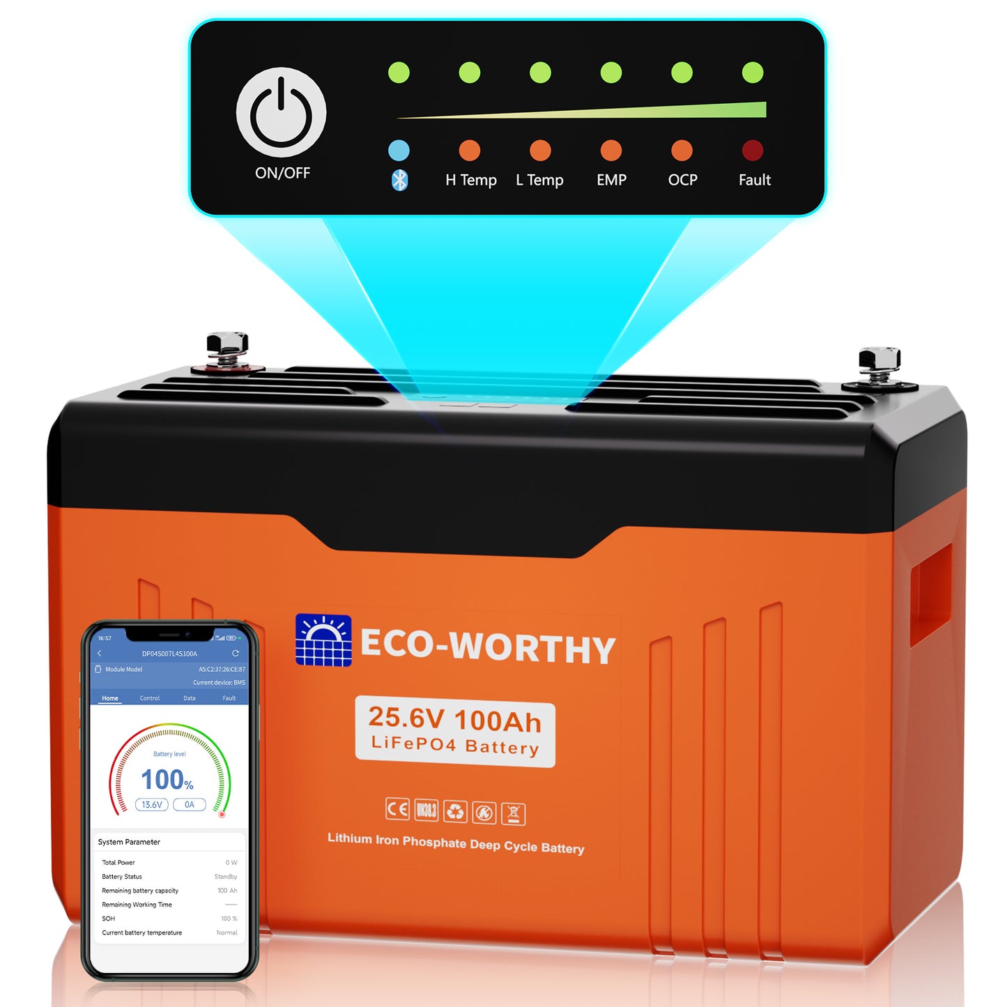 Eco-Worthy Schutz-Serie 24V 100Ah LiFePO4 Lithium Batterie—Bluetooth und Untertemperaturschutz—LED-Statusleuchte