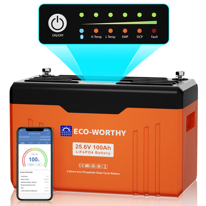 Eco-Worthy Schutz-Serie 24V 100Ah LiFePO4 Lithium Batterie—Bluetooth und Untertemperaturschutz—LED-Statusleuchte