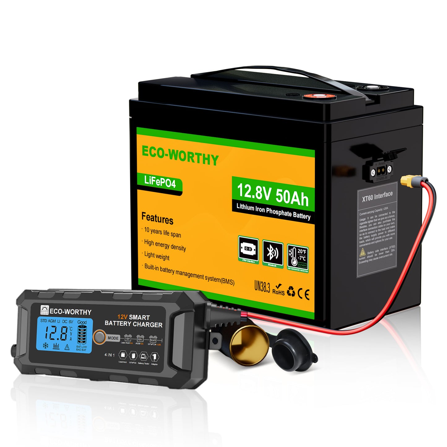 Eco-Worthy  12V 50Ah LiFePO4 XT60 Lithium Batterie mit Bluetooth und Untertemperaturschutz