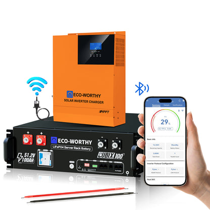 ECO-WORTHY Notstrom-Set 5,12 kWh/10,24 kWh mit Cubix 100 48V 100AH Lithiumbatterie und 48V 5000W All-in-One-Wechselrichter