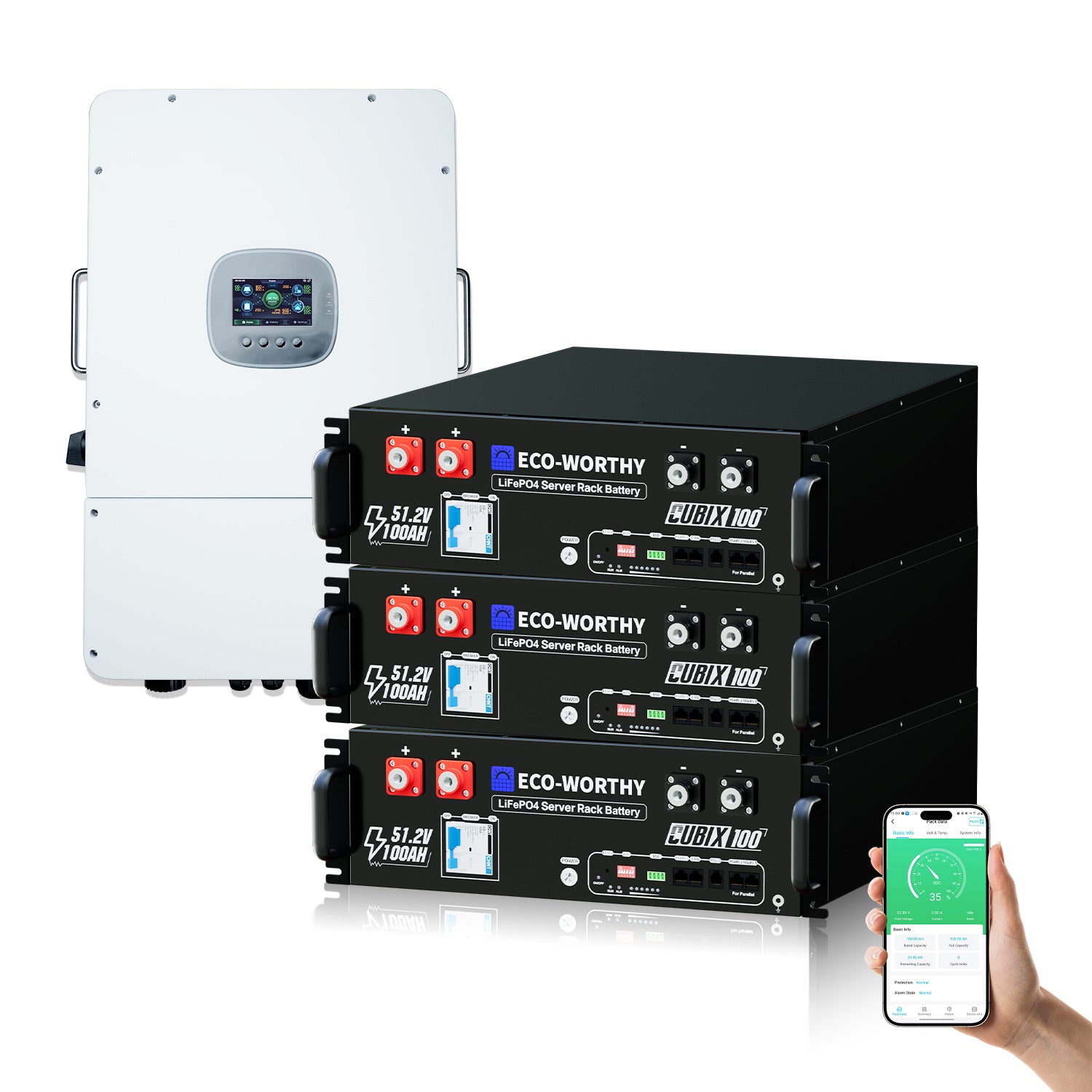 ECO-WORTHY 48V 100AH Lithiumbatterie und All-in-One-Wechselrichter 12KW 48Vdc-230/400Vac I Energiespeicher-Stromversorgungskit 15,36 kWh