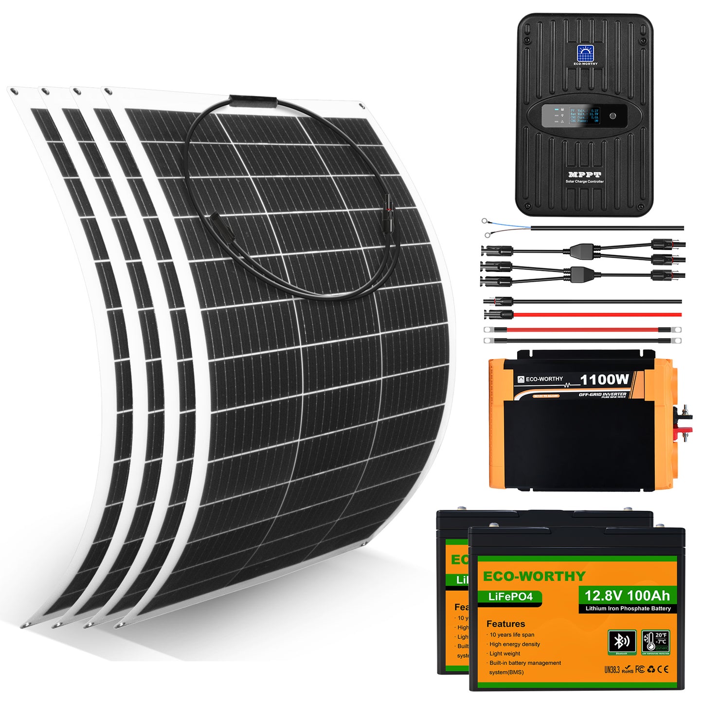 Wohnmobile 130Wp 260Wp 390Wp 520Wp 12V Komplettset Solaranlage mit 130Wp Semi-Flexibles Solarmodul+Lithium Speicher