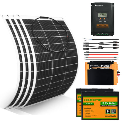Wohnmobile 130Wp 260Wp 390Wp 520Wp 12V Komplettset Solaranlage mit 130Wp Semi-Flexibles Solarmodul+Lithium Speicher