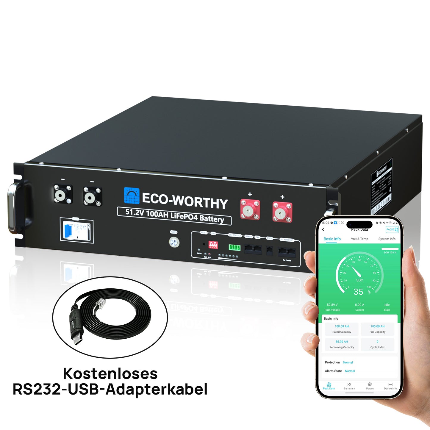 48V (51,2V) 100Ah Server-Rack-Batterie, 5,12kWh Lithium-Batterie, 3U-Größe, mit Bluetooth und WLAN, ≥6.000 Zyklen