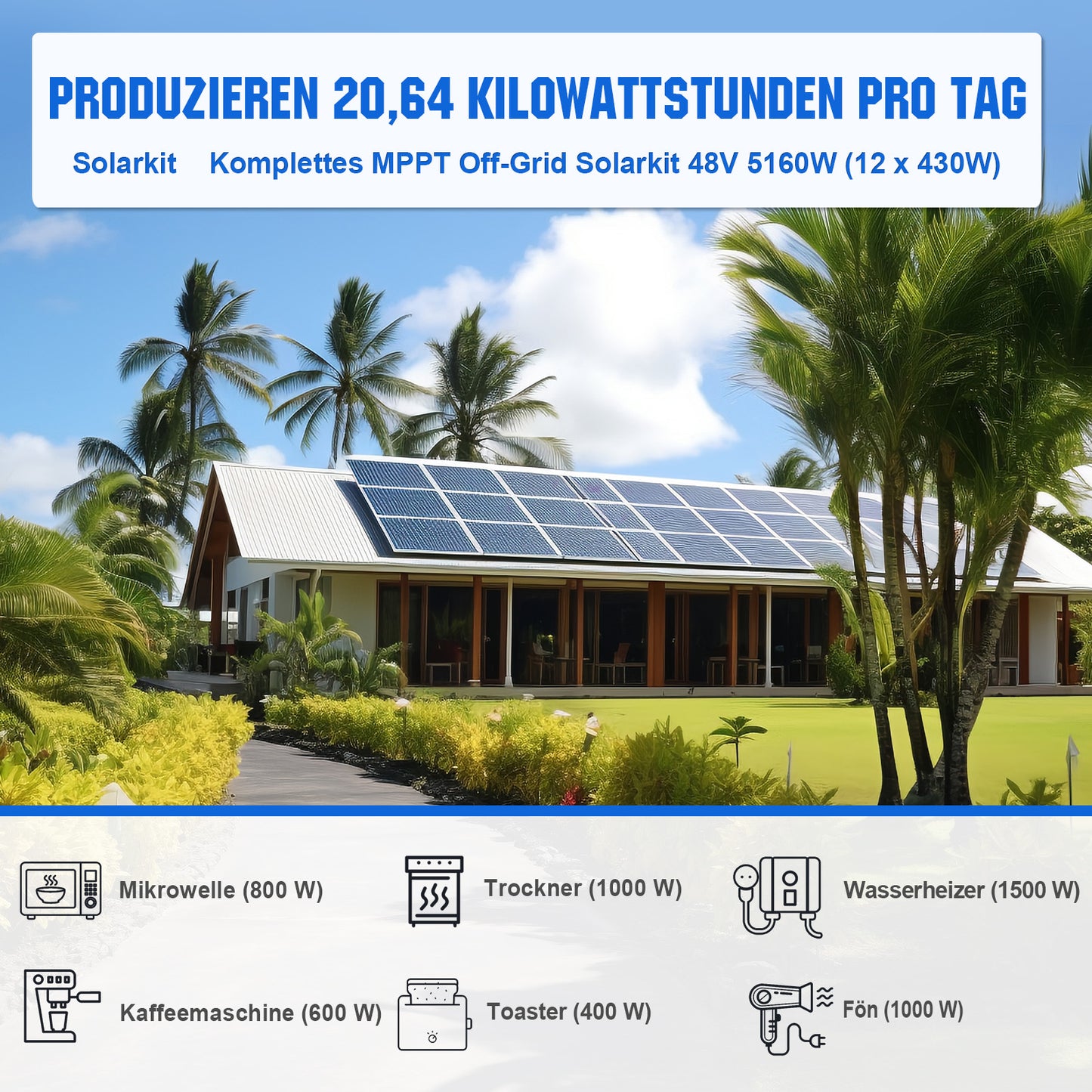 ECO-WORTHY 48V 5160W (12 x 430W) Komplettes MPPT-Off-Grid-Solarkit