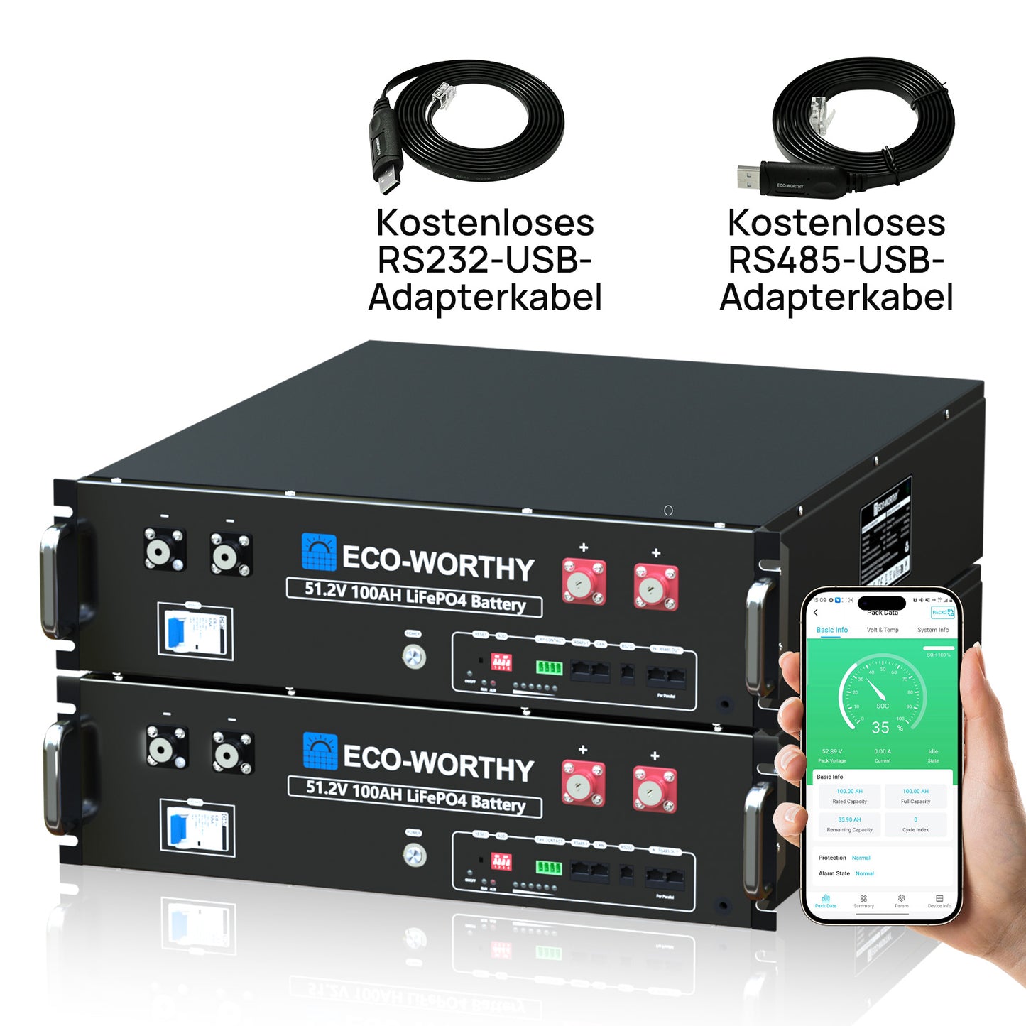 48V (51,2V) 100Ah Server-Rack-Batterie, 5,12kWh Lithium-Batterie, 3U-Größe, mit Bluetooth und WLAN, ≥6.000 Zyklen