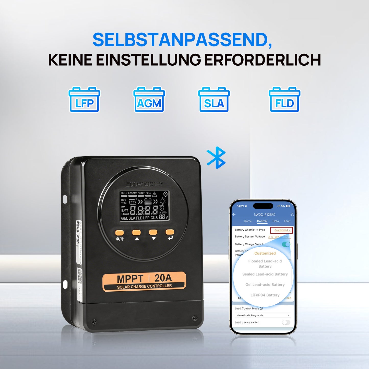 ECO-WORTHY 20A 12V/24V MPPT Solarladeregler