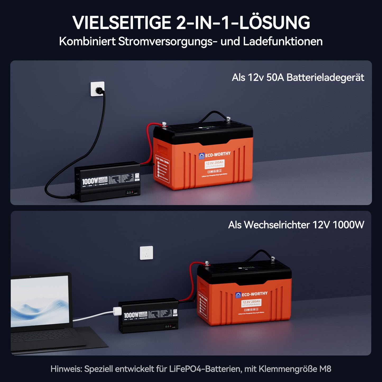 ECO-WORTHY 1000W 12Vdc-220Vac Wechselrichter-Ladegerät