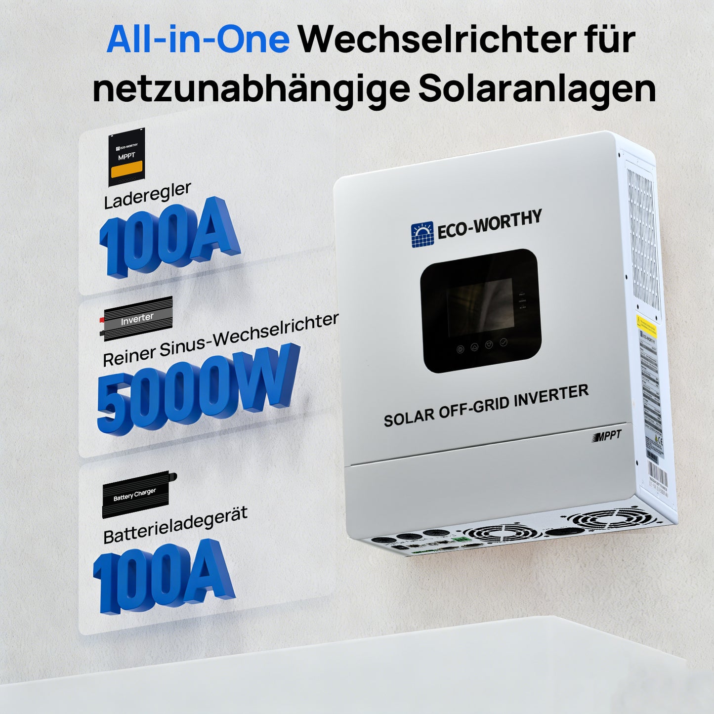 Eco-Worthy 48V 5000W Netzunabhängiger Solar-Wechselrichter—48V DC zu 230V AC—4400W@500V PV Eingang