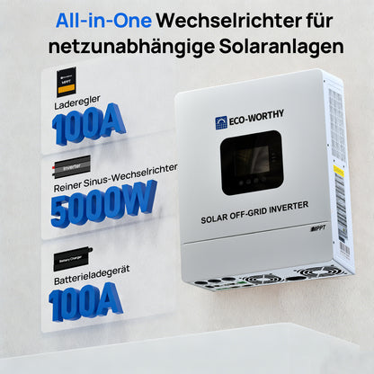 Eco-Worthy 48V 5000W Netzunabhängiger Solar-Wechselrichter—48V DC zu 230V AC—4400W@500V PV Eingang