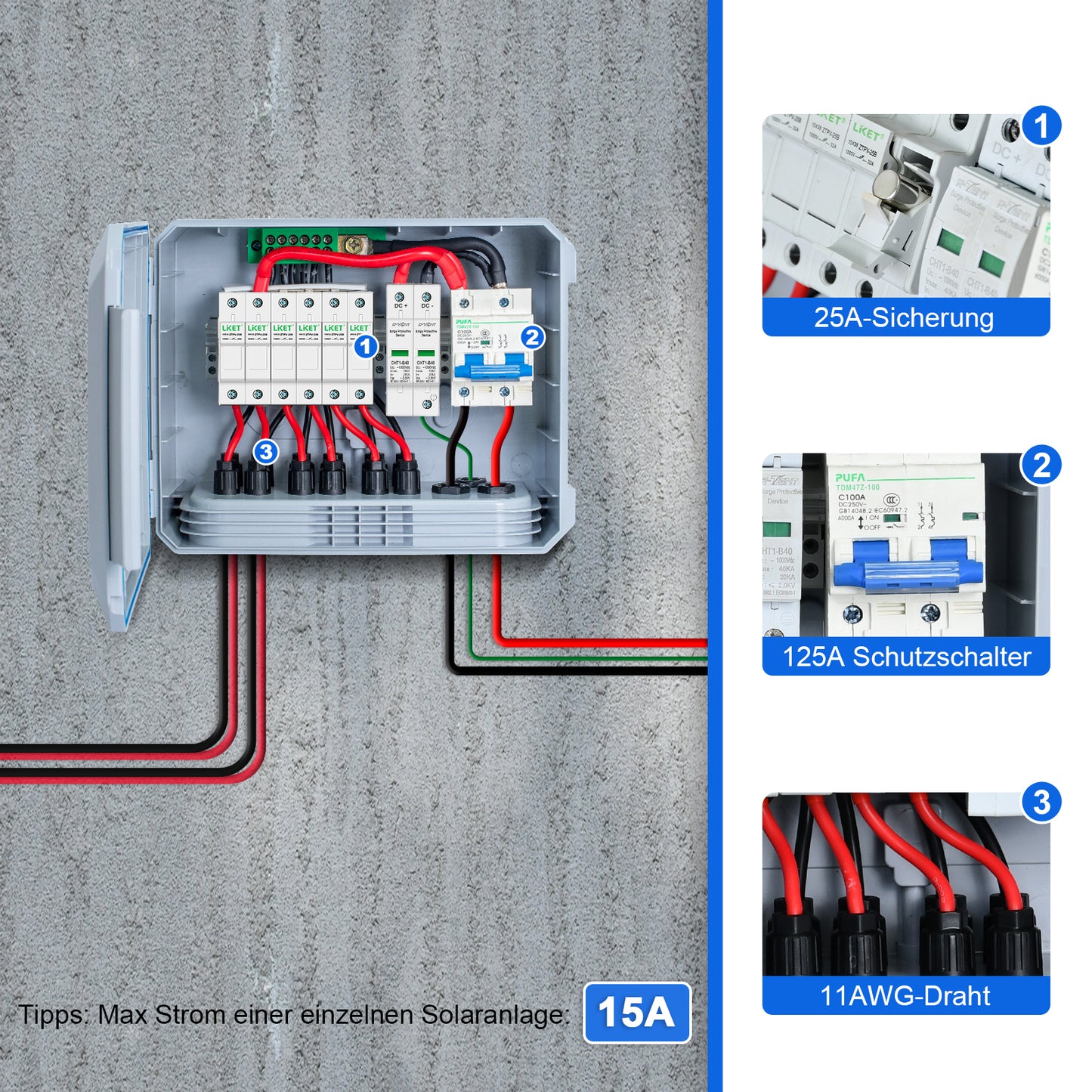 ECO-WORTHY PV-Kombinationskasten 15A – Für 12V/24V/48V Solaranlagen, IP65, mit Überspannungsschutz