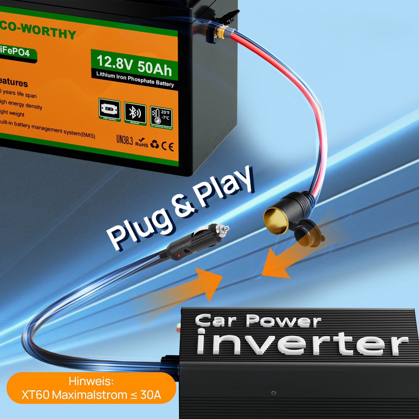 Eco-Worthy  12V 50Ah LiFePO4 XT60 Lithium Batterie mit Bluetooth und Untertemperaturschutz