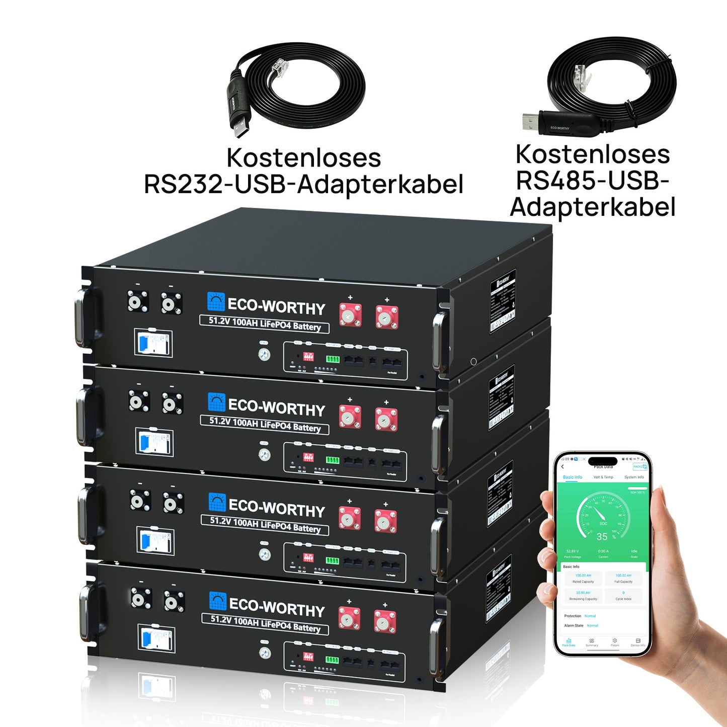 48V (51,2V) 100Ah Server-Rack-Batterie, 5,12kWh Lithium-Batterie, 3U-Größe, mit Bluetooth und WLAN, ≥6.000 Zyklen
