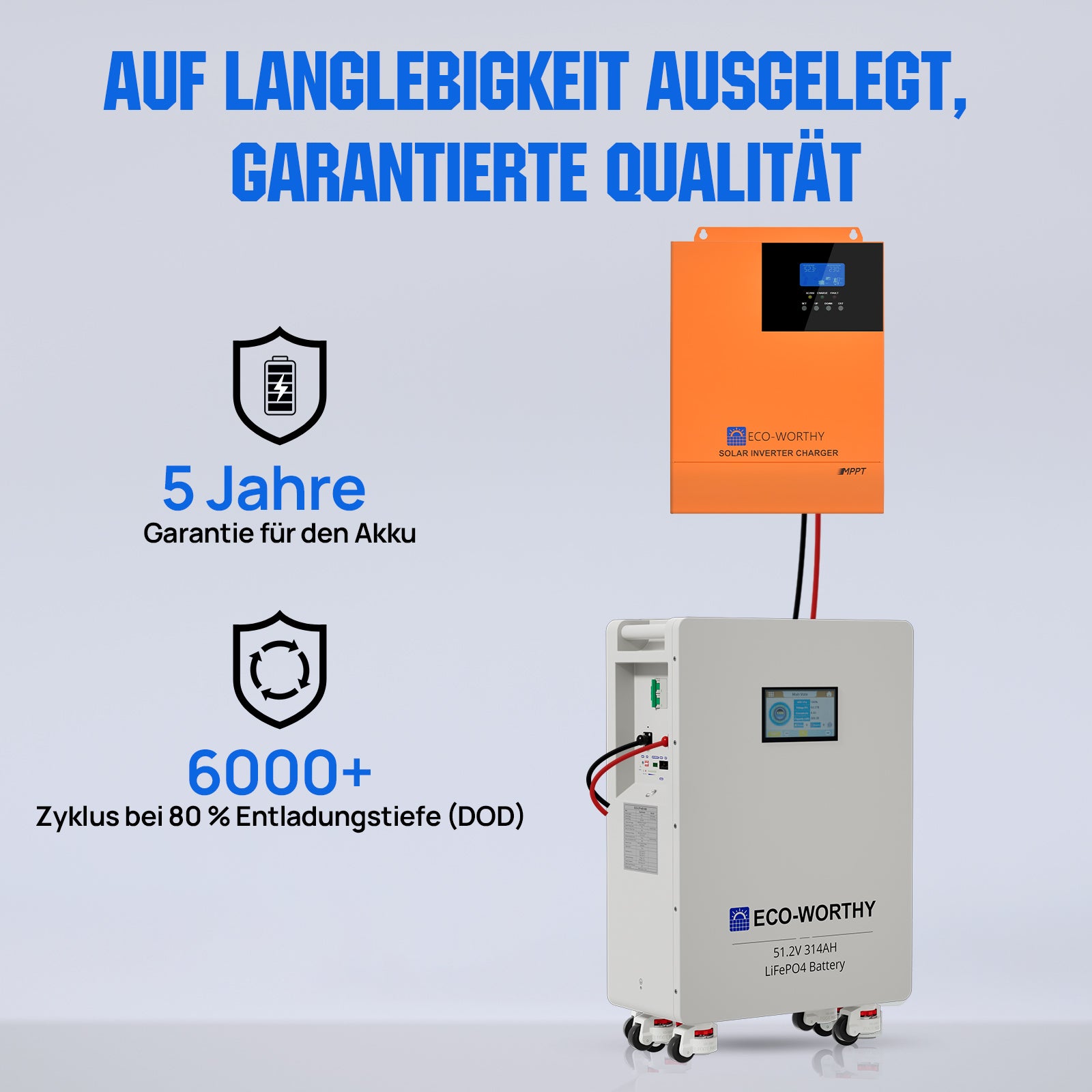 ECO-WORTHY 48V (51,2V) 314Ah LiFePO4-Batterie und 5000W 48V All-In-One Kombigeräte Solar Wechselrichter