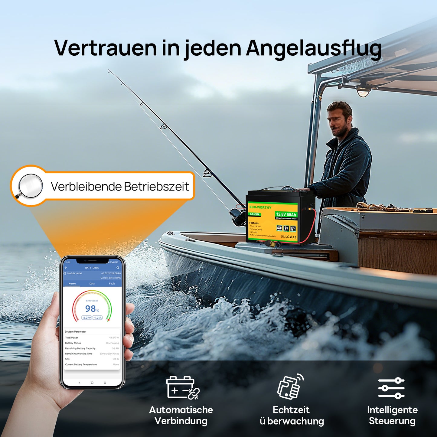 Eco-Worthy  12V 50Ah LiFePO4 XT60 Lithium Batterie mit Bluetooth und Untertemperaturschutz