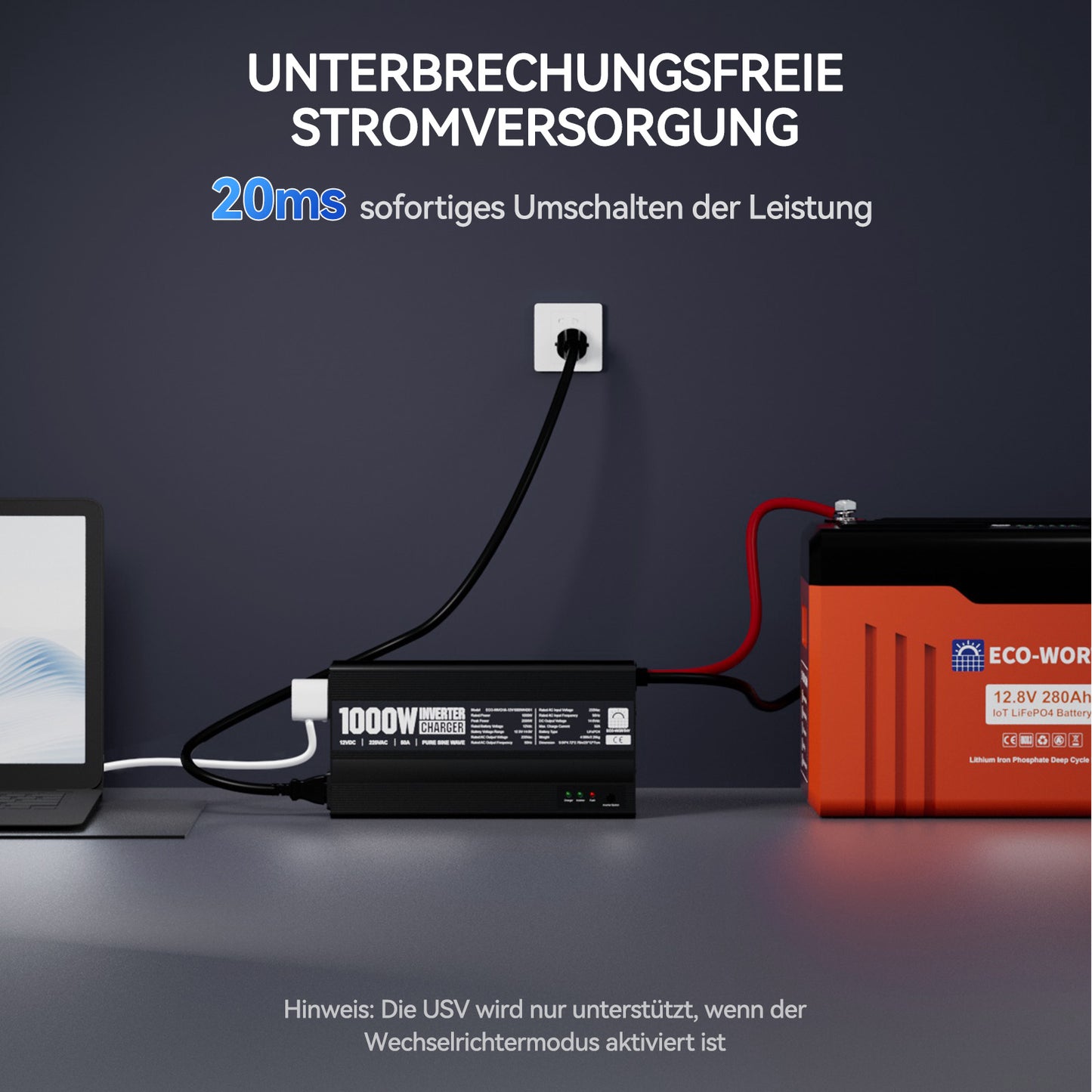ECO-WORTHY 1000W 12Vdc-220Vac Wechselrichter-Ladegerät