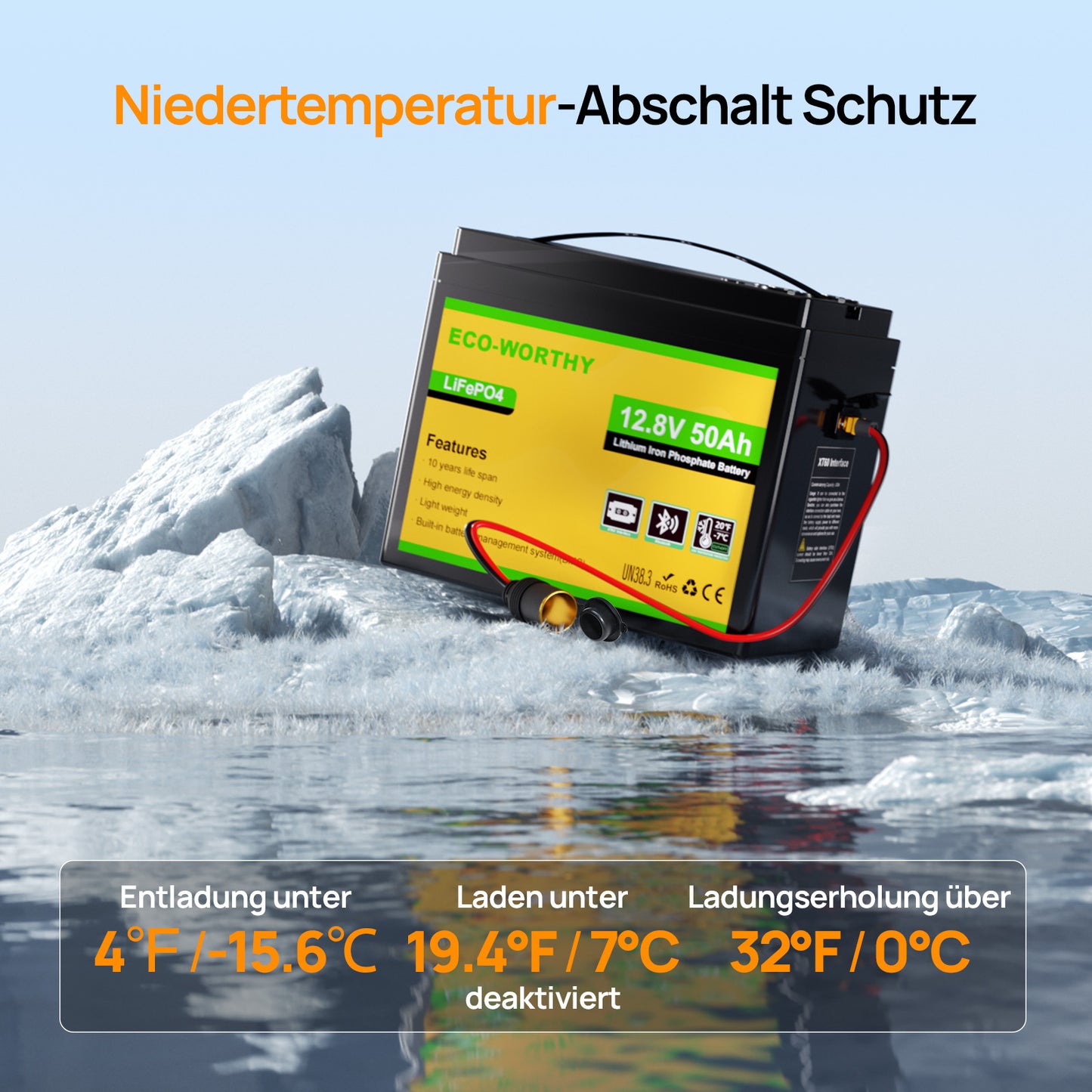 Eco-Worthy  12V 50Ah LiFePO4 XT60 Lithium Batterie mit Bluetooth und Untertemperaturschutz