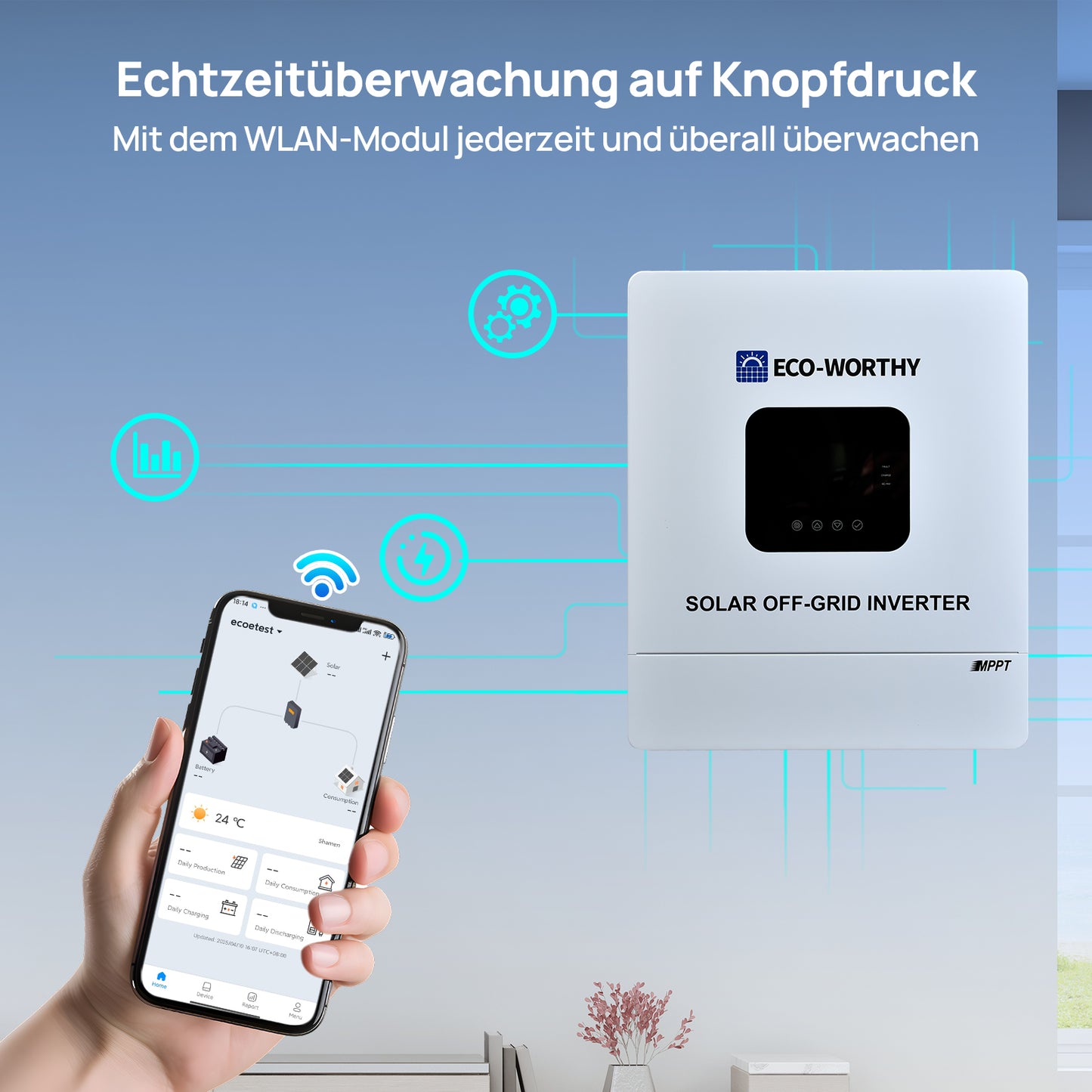 Eco-Worthy 48V 5000W Netzunabhängiger Solar-Wechselrichter—48V DC zu 230V AC—4400W@500V PV Eingang