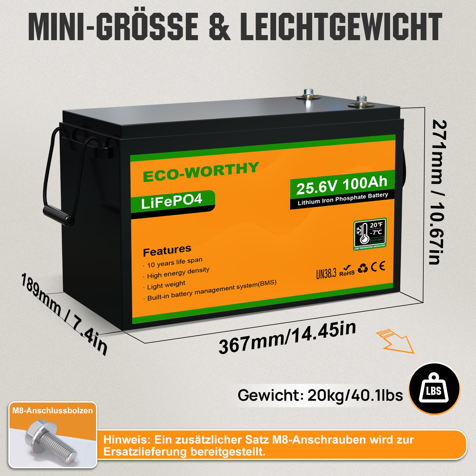 24V 100Ah LiFePO4 Lithium Batterie mit Untertemperaturschutz