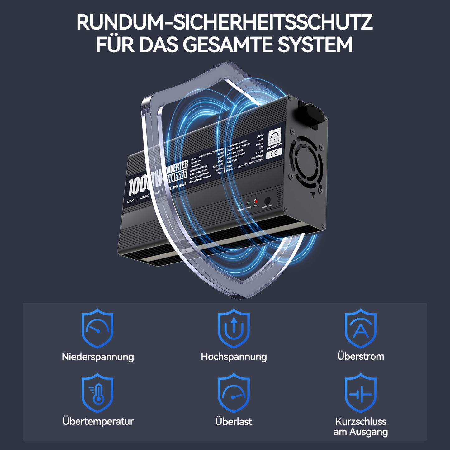 ECO-WORTHY 1000W 12Vdc-220Vac Wechselrichter-Ladegerät