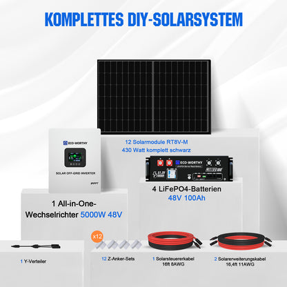 ECO-WORTHY 48V 5160W (12 x 430W) Komplettes MPPT-Off-Grid-Solarkit