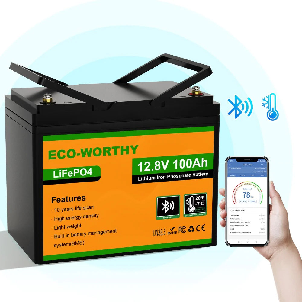 ECO-WORTHY 12.8V 100Ah LiFePO4 battery with Bluetooth and smart charger display.