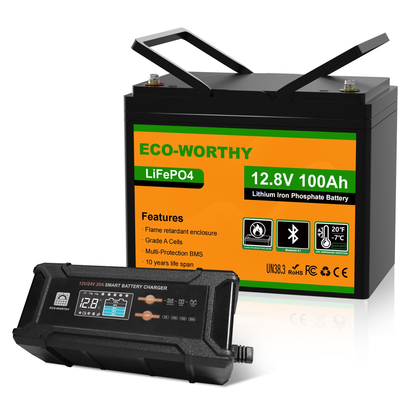 Eco-Worthy 12V 100Ah LiFePO4 Lithium batterie mit Bluetooth und Untertemperaturschutz