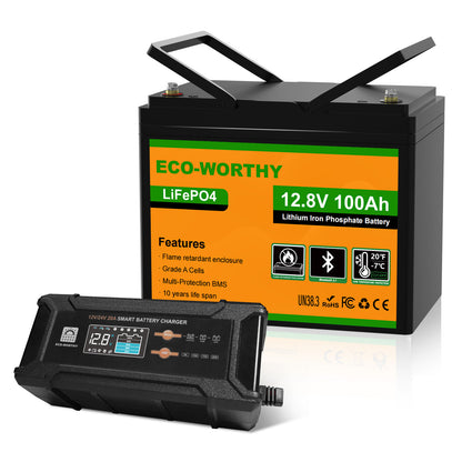 Eco-Worthy 12V 100Ah LiFePO4 Lithium batterie mit Bluetooth und Untertemperaturschutz