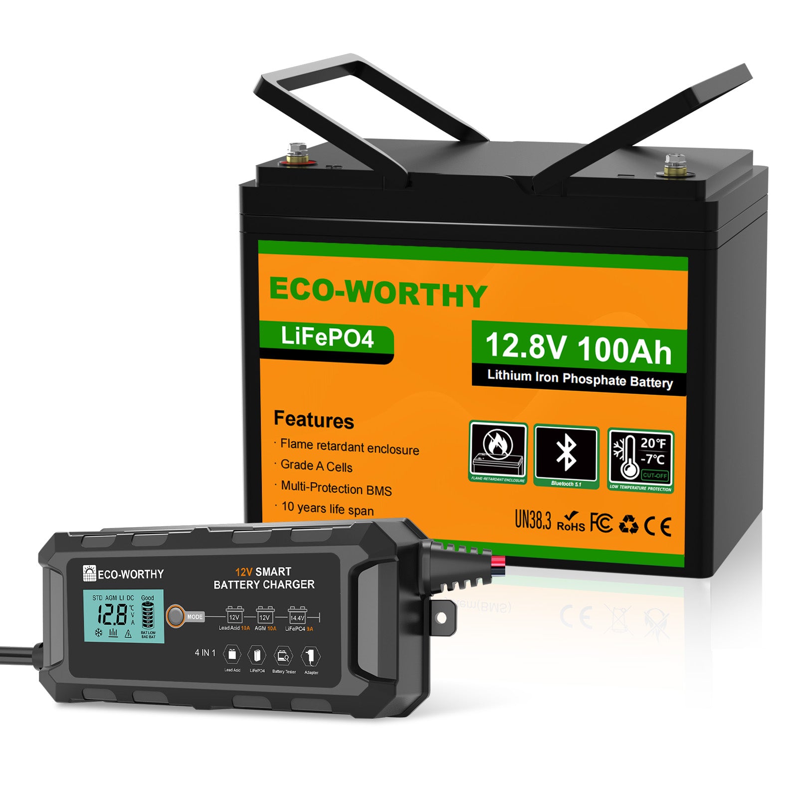 Eco-Worthy 12V 100Ah LiFePO4 Lithium batterie mit Bluetooth und Untertemperaturschutz