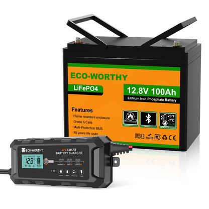 Eco-Worthy 12V 100Ah LiFePO4 Lithium batterie mit Bluetooth und Untertemperaturschutz