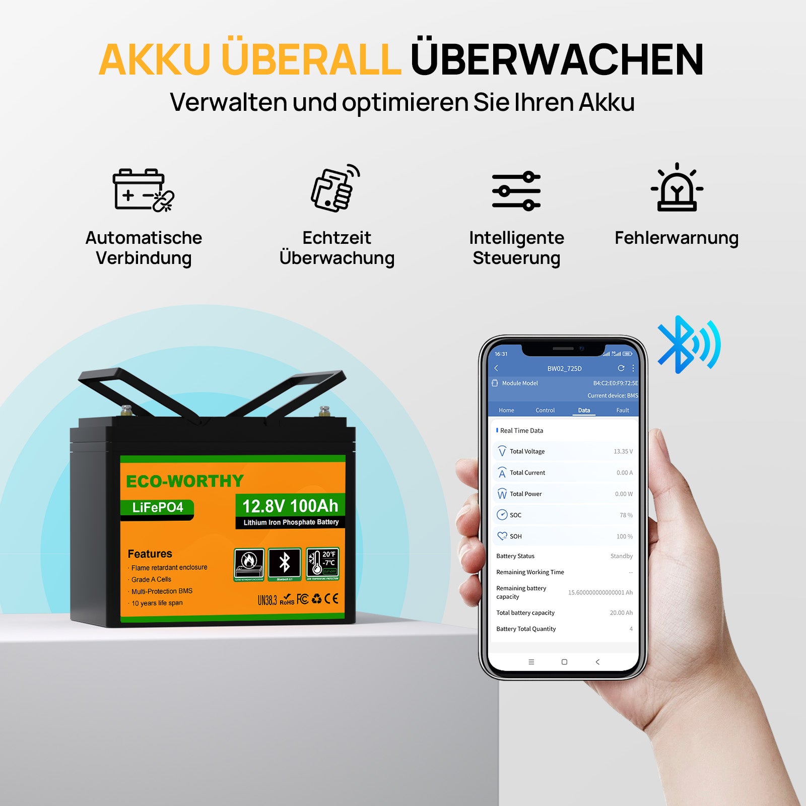 Eco-Worthy 12V 100Ah LiFePO4 Lithium batterie mit Bluetooth und Untertemperaturschutz