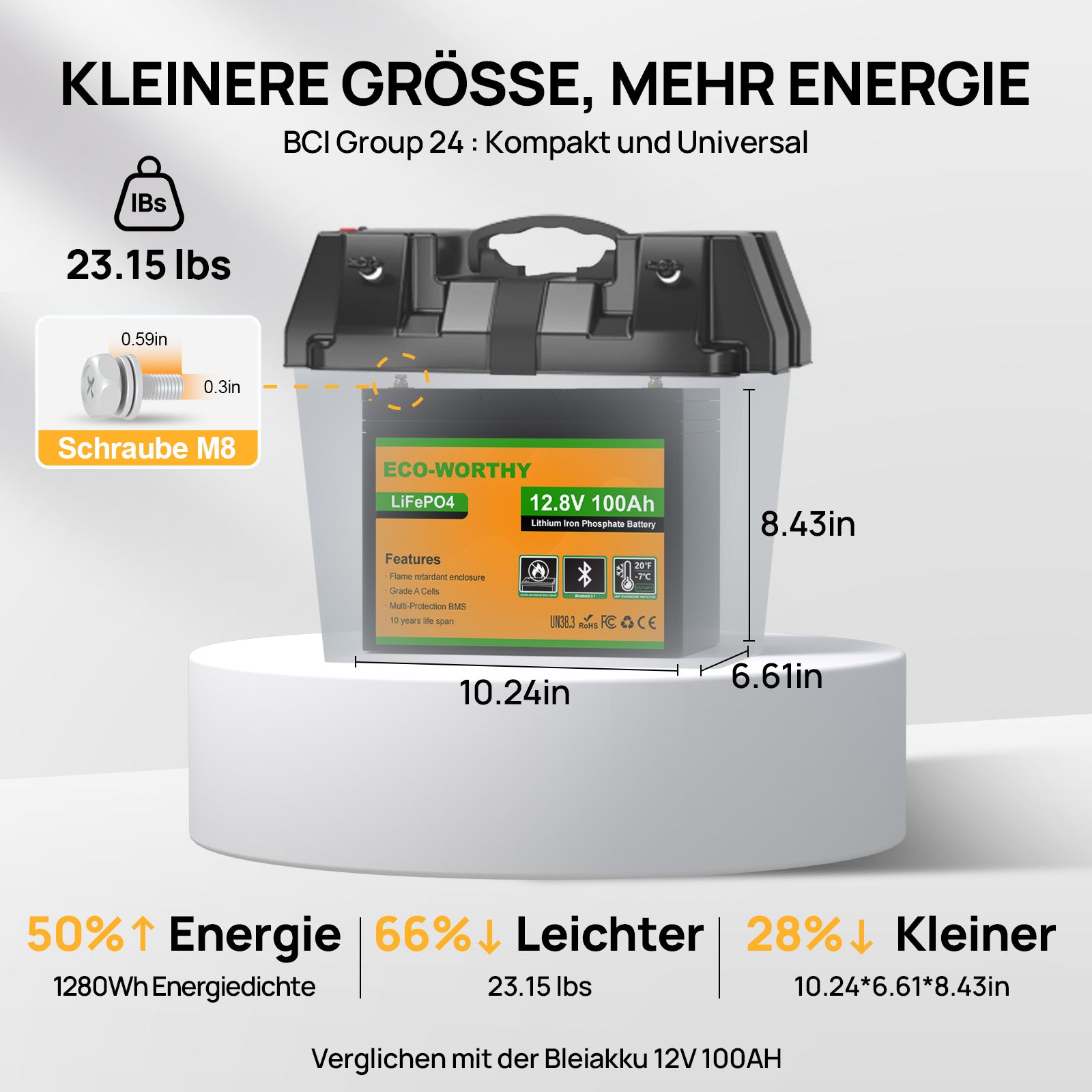 Eco-Worthy 12V 100Ah LiFePO4 Lithium batterie mit Bluetooth und Untertemperaturschutz
