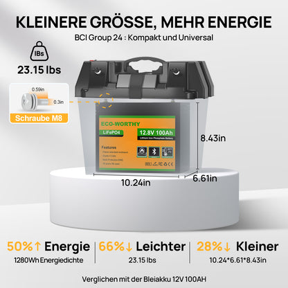 Eco-Worthy 12V 100Ah LiFePO4 Lithium batterie mit Bluetooth und Untertemperaturschutz