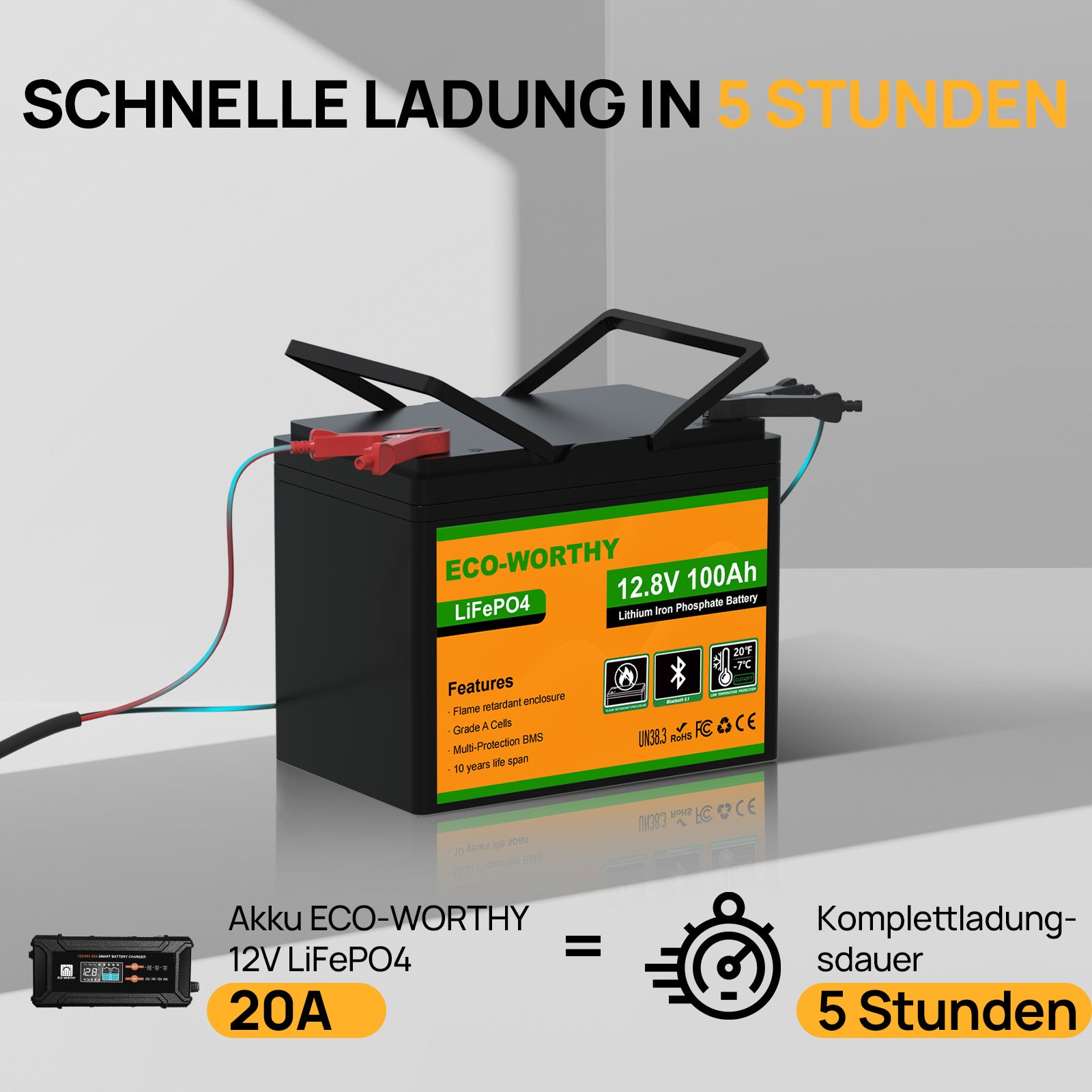 Eco-Worthy 12V 100Ah LiFePO4 Lithium batterie mit Bluetooth und Untertemperaturschutz